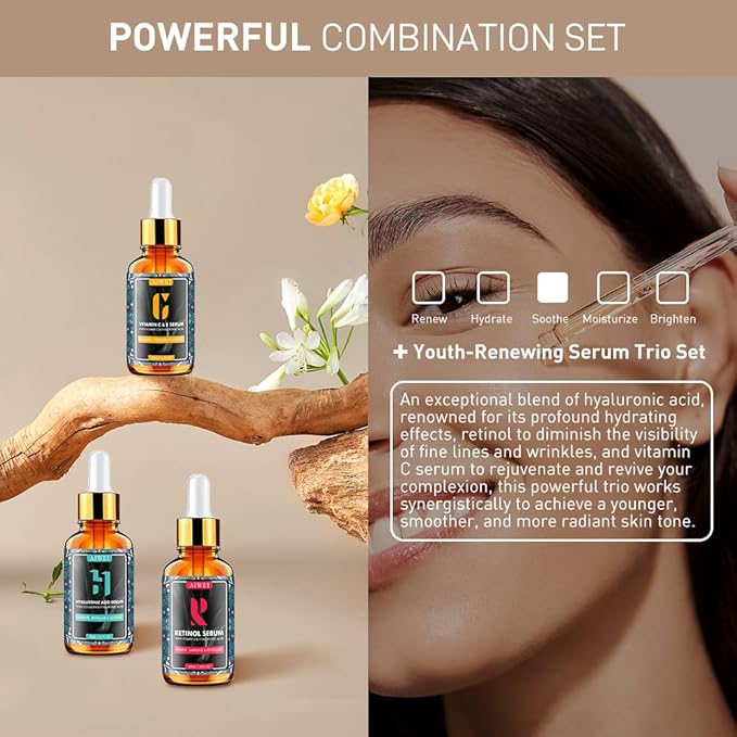 Aiwei Facial Serum Set - Includes Vitamin C, Retinol & Hyaluronic Acid - Improve Skin Texture, Glow & Hydration - Day and Night Face Serums for All Skin Types