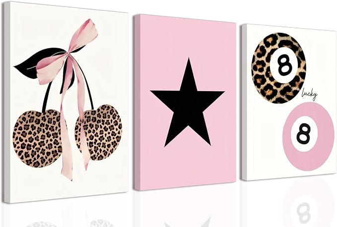 Trendy Pink Leopard Bow Canvas Wall Art Set of 3 Funky Cherry Lucky 8 Ball Posters Prints Wall Decor Cute Coquette Preppy Aesthetic Pictures for Girls Bedroom Dorm Apartment 12x16 In Framed