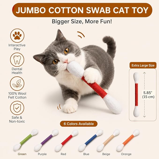 6Pcs Giant Cotton Swab Cat Toys with Organic Catnip| Durable Chew & Teething Sticks | Interactive Kitty Toys for Boredom Relief & Daily Exercise，Interactive Kitty Kick Sticks for Cat Lovers Gift