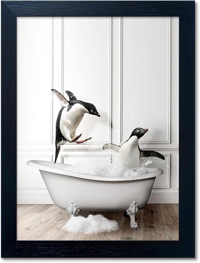 Framed Kids Bathroom Decor Funny Bathroom Wall Art Black and White Wall Decor Cute Penguins in Bathtub Canvas Print Painting Farmhouse Animal Artwork