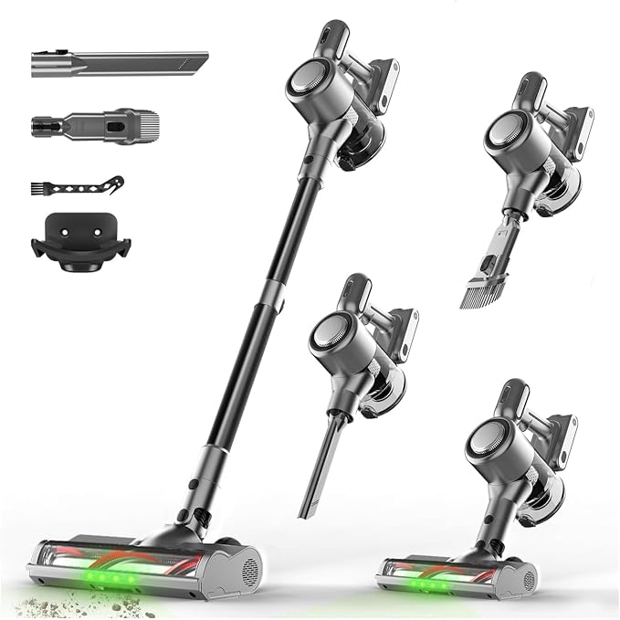Cordless Stick Vacuum Cleaner - 45KPA Powerful Suction Vacuum with 45 Min Runtime, Detachable Battery, Anti-Tangle & 1.5L Dust Cup, 8 in 1 Vacuum Cleaner for Pet Hair, Carpet, HardFloor, Silver