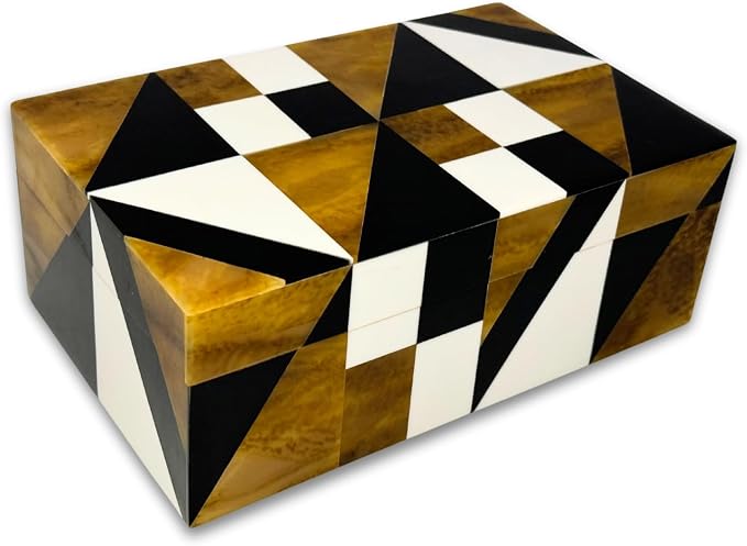 Perilla Home Home Decor Decorative Storage Wooden Box Small Geometric Organizer Tool Stash Card Craft Trinket Memory Keepsake Jewelry Box for Men and Women, Gifts For All, Brown, Black and Off White