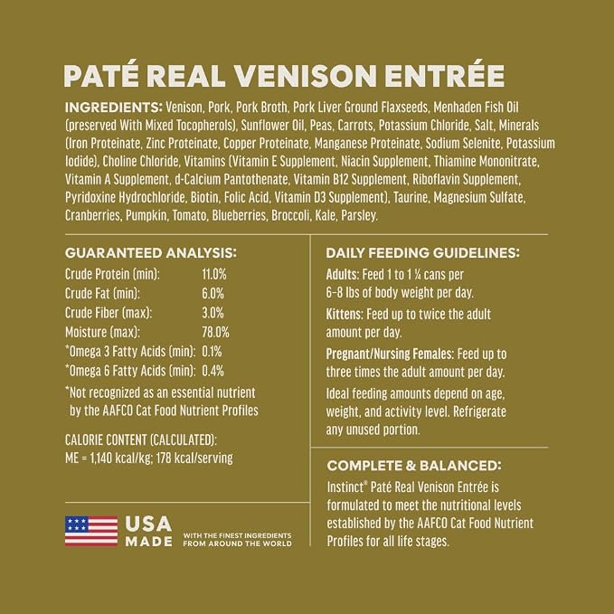 Instinct Original Pate Wet Cat Food, Grain Free Recipe - Real Venison, 5.5 oz. Cans (Pack of 12) | Rich & creamy pate texture, high protein, real venison, whole-food ingredients, grain-free, hydration support