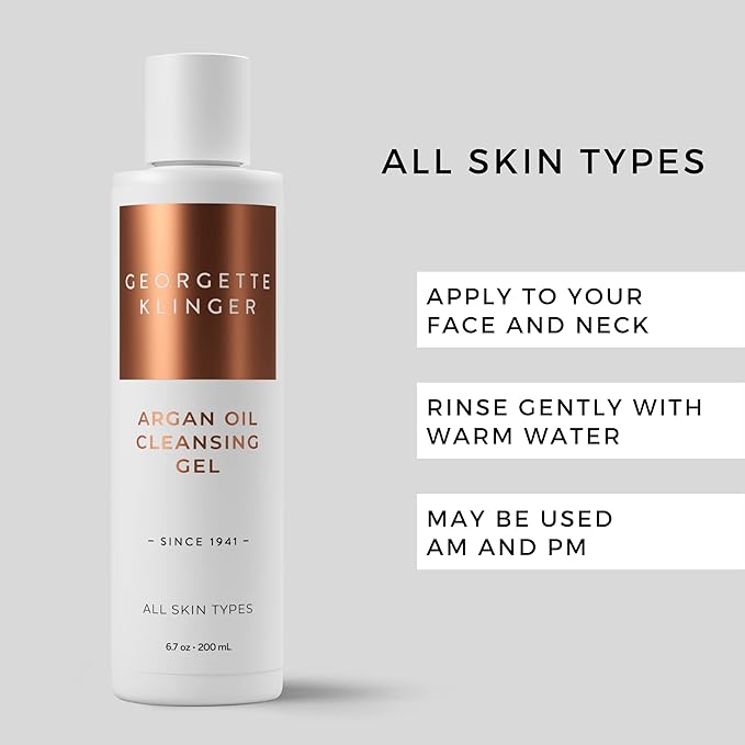 Georgette Klinger Argan Oil Cleansing Gel - Nourishing, Moisturizing, Antioxidant-Rich, With Deeply Healing Argan, Olive, And Bergamot Dissolve Existing Oils And Wash Away Dirt, Makeup - 6.7 oz