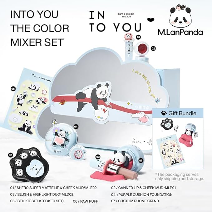 INTO YOU x M.Lan Panda The Color Mixer Set Limited Edition - 7 pieces Makeup Box Sets, Matte Lipstick + Canned Lip Mud + Blush & Highlight Duo + Cushion Foundation + Gift Bundle, M01 Set