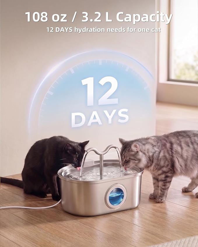 3.2L/108oz Stainless Steel Cat Water Fountain Pet Fountain | Automatic Pet Water Dispenser - Self-Designed Filtration System - Ultra-Quiet Pump - Easy Cleaning & Maintenance (3 Filters)