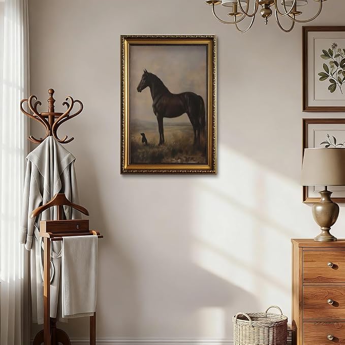 Vintage Equestrian Gold Framed Wall Art Black Horse Gundog Wall Decor Art | Antique Victorian Animal Picture Canvas Art Western Country Paintings Framed Prints Artwork for Living Room Bedroom Gallery