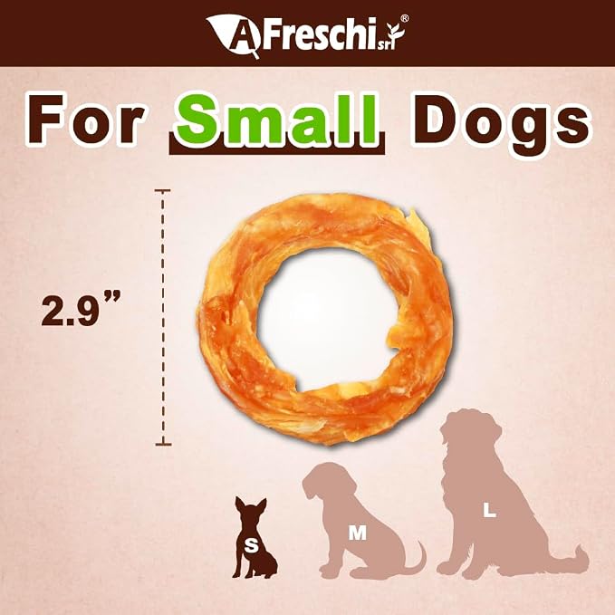 A Freschi srl Turkey Tendons for Dogs, USA-Sourced Human Grade, Rawhide-Free Long-Lasting Puppy Chews, All Natural Hypoallergenic Dog Treats for Small Breeds, Ring (S), 40 Count Box