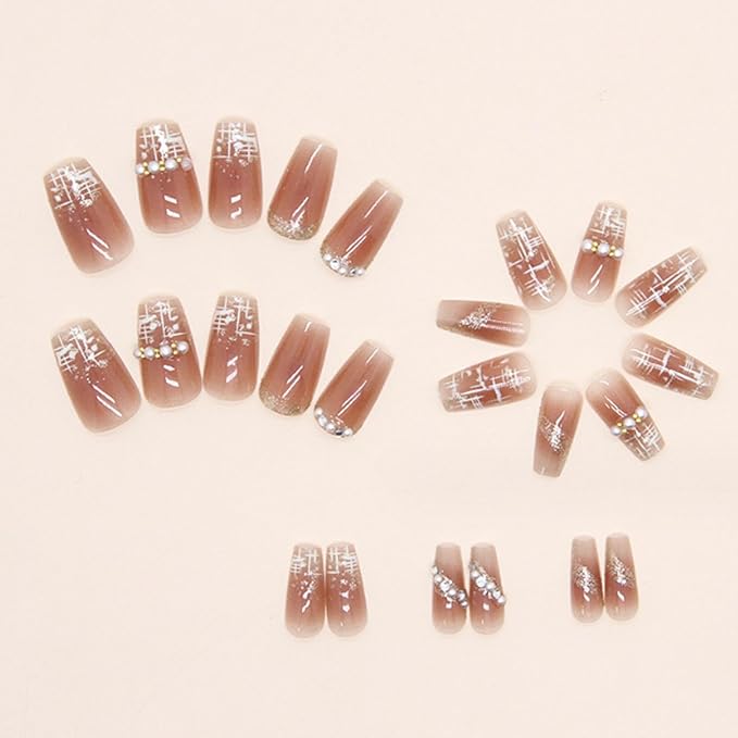 Hkanlre Press on Nails Fake Nails False Nails for Women and Girls 240308 (Nude Lattice)