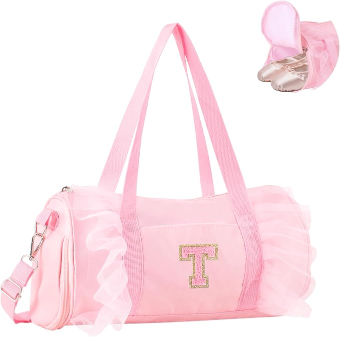 Personalized Initial Dance Bag for Girls 6-9, Medium Lace Gym Sport Yoga Cheer Dance Bags Gift for Teen Girls, Cute Letter Kids Ballet Bag Toddler Travel Duffel Tote with Adjustable Straps(Pink-T)