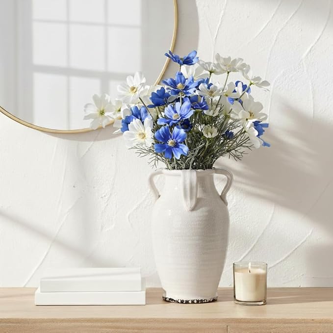 Vaseking White Ceramic Vase with 4 Handles, 10.16" Tall Retro Ice Cracked Flower Vase, Antique Vases for Modern Farmhouse Home Decor, Wedding, Living Room, Table, Shelf Decor, Cracked White
