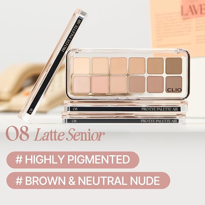 CLIO Pro Eye Palette Air, 12-Color Eye Shadow Palette, Matte Shimmer Mix, Air-Fit Blendable Pigmented Buildable Color, Low Fallout, Warm Brown Nude Neutral Tone, Daily Korean Makeup (08 LATTE SENIOR)