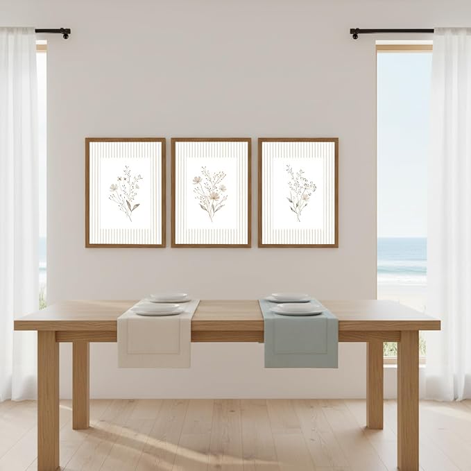 Neutral Wildflower Wall Art Set of 3, Vintage Flower Botanical Wall Decor Canvas Prints Pictures, Rustic Cottagecore Striped Floral Painting for Living Room Bedroom 16x24 Inch Wood Framed