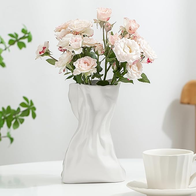 Paper Bag Vase for Flower, Unique Crinkle Design White Ceramic Vase, Flower Vase for Aesthetic Home Decor, Wedding Dinner Table Party Christmas Decorative