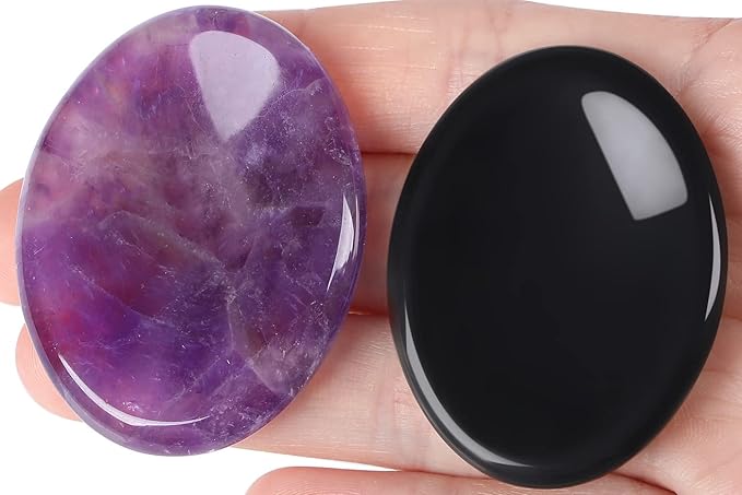 QINJIEJIE 2PCS Thumb Worry Stone for Anxiety Healing Crystals Amethyst Black Obsidian Hand Carved Oval Palm Pocket Stones Meditation Crystal Reiki Relax Stone Anxiety Relief Items Gifts for Women