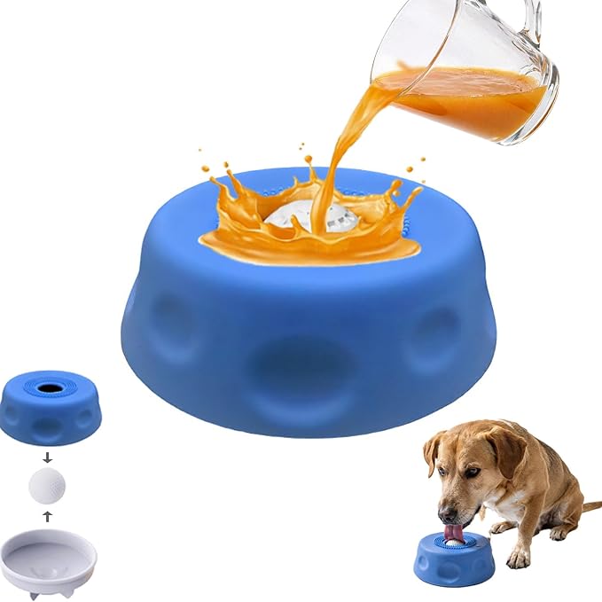Dog Lick Bowl with Rolling Ball for Liquid Treat, Silicone Slow Feeder for Anxiety Relief & Fast Eaters, Boredom Reducer Licking Puzzle, 5/6 Cup Pup Lick Toy for Large Medium Small Pet Cats