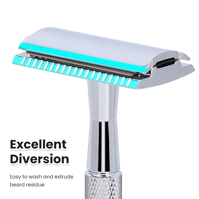 KEROPY Single Blade Safety Razor With 10 Premium Stainless Steel Blades Double Edge Safety Razors For Men, Smooth Wet Shave Experience, Glossy Silver