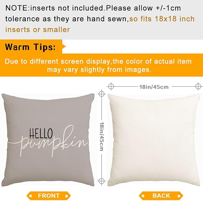 RABUSOFA Fall Pillow Covers 18x18 Inch,Autumn Hello Pumpkin Pillows Decorative Throw Pillows,Outdoor Thanksgiving Cushion Cover Farmhosue Fall Decor for Bedroom Couch Sofa Gray