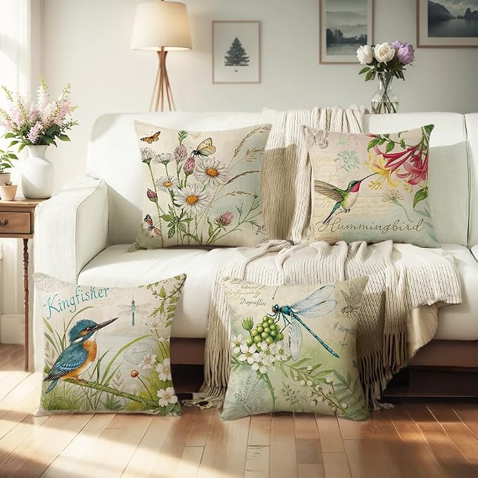 wyooxoo Throw Pillow Covers 20x20 Set of 4 Spring Summer Pillow Covers Flower Butterfly Bird Farmhouse Pillowcases for Sofa Couch Living Room Outdoor