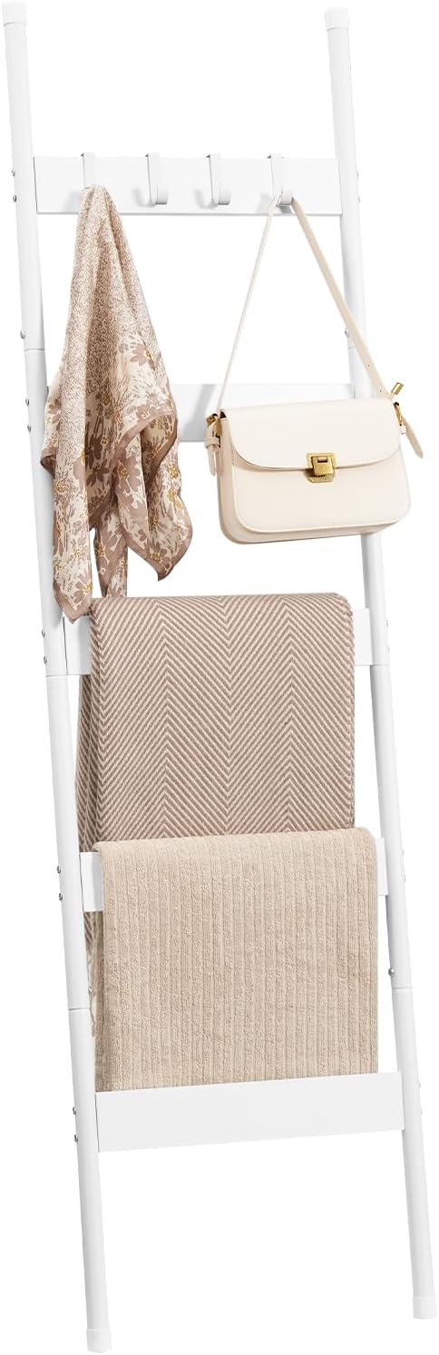 HOOBRO Blanket Ladder, 5-Tier Towel Rack with Hooks, Wall-Leaning Blanket Rack, Decorative Display Ladder Shelf, for Scarves, Industrial, Living Room, Bedroom, White WW52CJ01