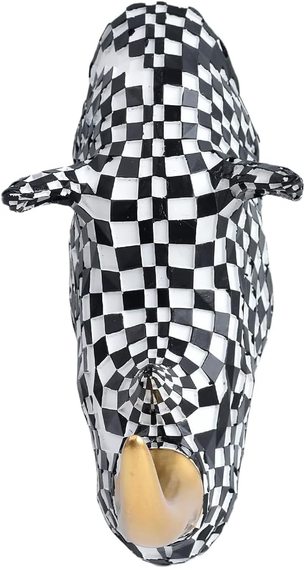GIGICICI 9.2x4.7-Inch Vintage Mosaic Rhino Head Wall Sculpture Art Mount Statue for Room Bedroom Office Living Decor(Black White)