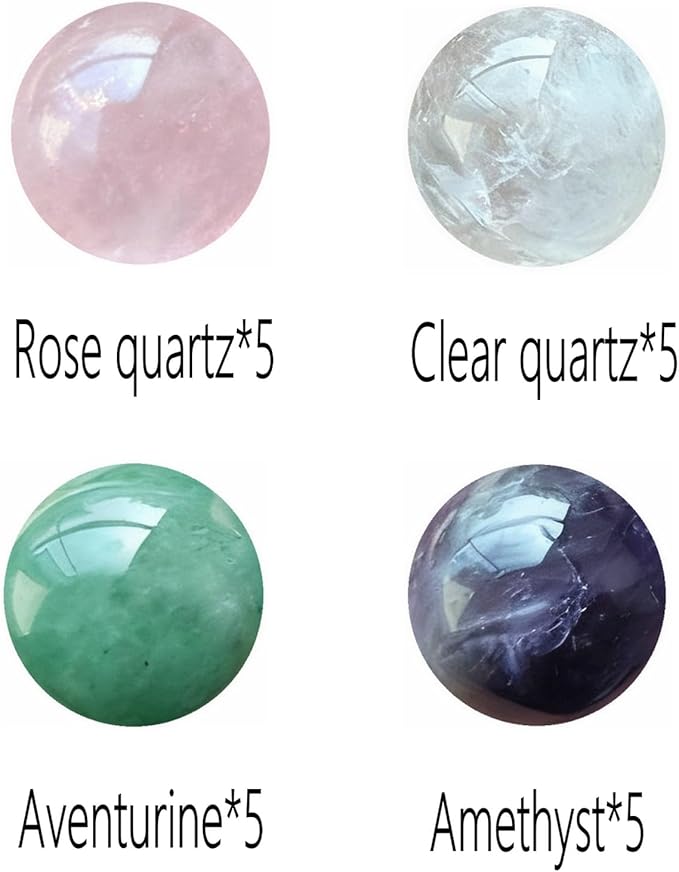 20Pcs 16mm Gemstone Spheres Natural Crystal Balls Polished Assorted Small Marbles -Rose Quartz*5,Clear Quart*5, Amethyst*5,Green Aventurine*5