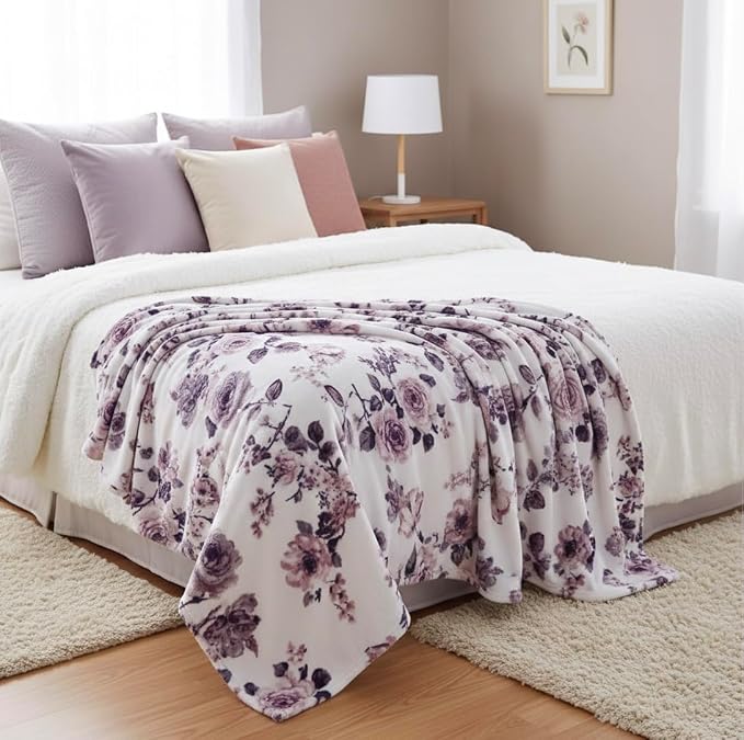 Decorative Floral Fleece Throw Blanket: Velvety Soft Plush Rose Flower Accent for Couch or Bed, Blush Pink Purple Navy Blue Grey on White, Oversized 50" x 70" Inches
