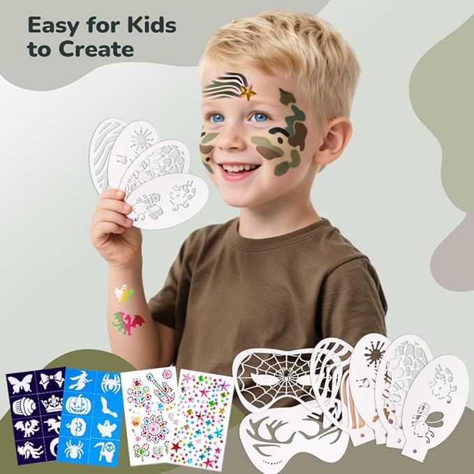 Janolia Face Painting Kit for Kids, Camo Face Paint Kit, Water Activated Face Paint, Rainbow Split Cake Face Body Paint, Ideal Facepaint Makeup Kit for Kids Party Cosplay Halloween Easter Carnival
