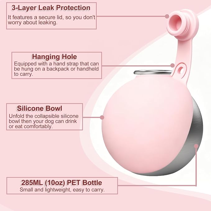 Dog Water Bottle Portable, 2in1 Round Dog Water Bowl Stainless Steel 10oz