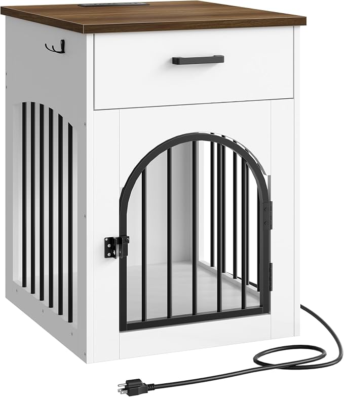 CHOEZON Dog Crate Furniture, Wooden Dog Kennel with Charging Station and Storage Drawer, Indoor Pet Crate End Table for Small Breeds, Dog Cage for Living Room, Bedroom, White and Walnut MGW01UWL