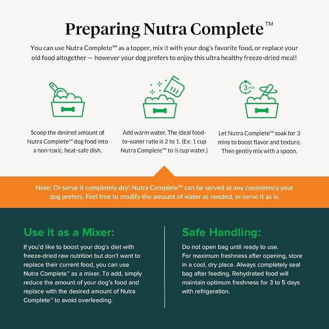 ULTIMATE PET NUTRITION Nutra Complete, 100% Freeze Dried Veterinarian Formulated Raw Dog Food with Antioxidants Prebiotics and Amino Acids, (1 Pound, Beef)