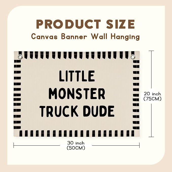 XYDEG Monster Truck Room Decor, Little Monster Truck Dude Canvas Banner Flag Wall Decor, Boy Nursery Wall Hanging Flag Decorations for Kids Boy Nursery Toddler Room Bedroom Playroom, 30x20 Inch
