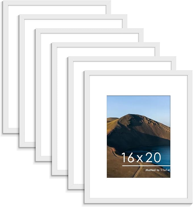 16x20 Picture Frame Set of 6, Wall Mount Display, White | Display Pictures 11x14 with Mat or 16x20 Without Mat, Horizontal or Vertical, Gallery Wall Frame Set, Wedding Birthday Gifts
