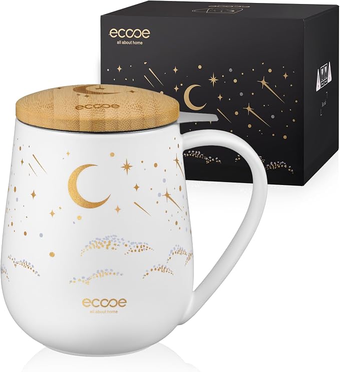 ecooe Large Tea Infuser Mug 20.3oz Ceramic Tea Cup with Removable Stainless Steel Infuser and Lid, 600ml Tea Mug for Loose Leaf Tea, New Home Gifts for Parents Friends Office (White) | 600 ml Large White Ceramic Tea Mug with Tea Strainer / Lid / Handle...