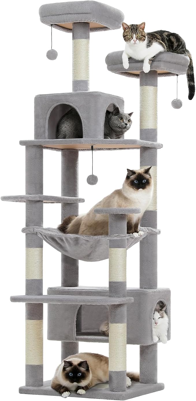 PAWZ Road 72" Cat Tree, Tall Cat Tower with Hammock& Condos for Large Cats | 20"x16" hammock for adult cats, cat tower with 7 scratching posts&pad, dual top perch and large condo for big cats