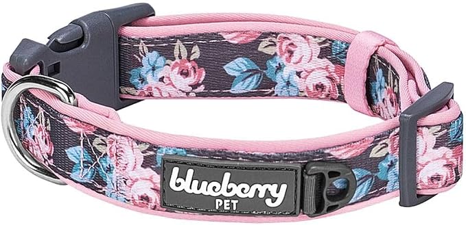 Blueberry Pet Floral Prints Neoprene Padded Dog Collar, Pink Rose, Adjustable Dog Collar for Large Dogs, Size Large, Neck 18-26”