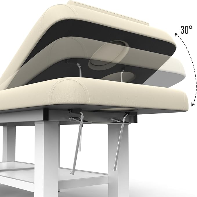 pouseayar Metal Frame Wide Stationary Massage Table for Treatment Table Physical Therapy Table Spa Facial Bed, PU Leather 31.5'' Wide 75'' Long (Beige Grey, Integral Structure)