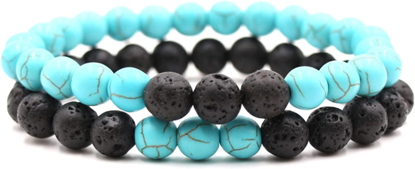 Caiyao 2Pcs Matte Lava Rock Volcanic Stone Beads Stretch Bracelet Stacking Essential Oil Diffuser Tiger Eye Seed Energy Yoga Bracelet for Men Women Couple Stress Relief Healing Aromatherapy Jewelry