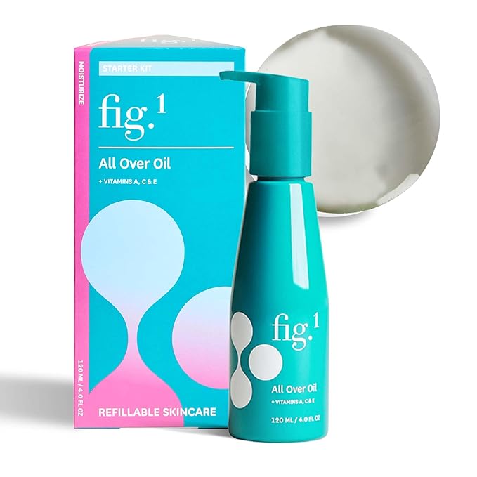 Fig.1 All Over Oil - Lightweight Hydrating Body-Oil for After Shower Glow | Non-Greasy with Vitamins A, C & E | Moisturizing Skin Oil for Face & Body | Vegan, Refillable Pump | 120ml