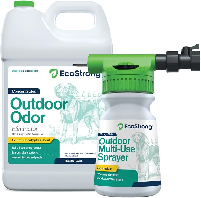 Eco Strong Outdoor Odor Eliminator | Outside Dog Urine Enzyme Cleaner – Powerful Pet, Cat, Animal Scent Deodorizer | Professional Strength for Yard, Turf, Kennels, Patios, Decks (Gallon with Sprayer)