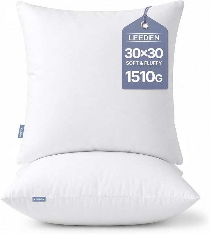 Leeden 30x30 Pillow Inserts Pack of 2, 30 Inch Throw Pillow Inserts, Soft Fluffy Decorative Square Throw Pillows for Couch, Sofa, Bed, and Home Decor White Pillows