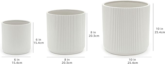 Amazon Basics Fluted Ceramic Planters for Indoor Outdoor Plants, Round Flower Pots with Drainage Hole, Set of 3, 6 inch, 8 inch, 10 inch, White