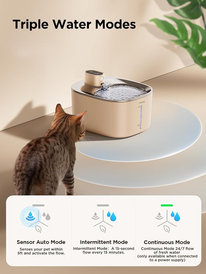 FEELNEEDY Cat Water Fountain Battery Operated, 4L/135 fl oz Pet Water Fountain for Cats and Dog with Motion Sensor, Ultra Quiet Cat Drinking Fountain with 2 Filters (Beige YPD-C004P)