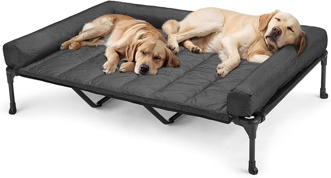 Veehoo Outdoor Elevated Dog Bed with Waterproof Bolster Cushion, Cooling | Raised Dog Bed with Removable & Washable Mat Topper, Breathable Mesh, Dog Couch Cot for Indoor Outdoor, 59", Large, Black