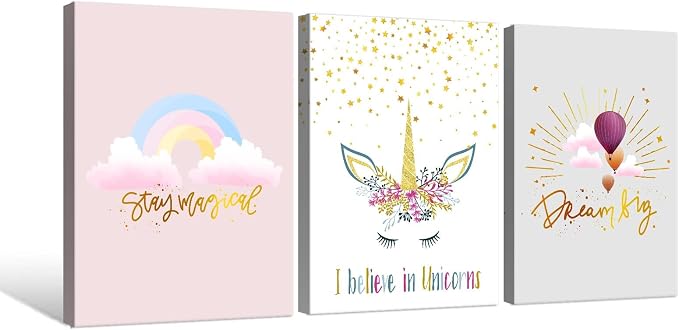 Colorful Unicorn Wall Art for Girls Bedroom Pink Unicorn Poster Pictures 3 pcs Motivational Rainbow Hot Air Balloon Cartoon Unicorns Paintings for Teen Girl Women Nursery Bathroom Decor 16"x24"