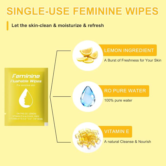 twoworld 50 Feminine Wipes Flushable Travel Individually Wrapped | Travel Wipes for Women,Feminine Care Wet Wipes Travel Size Vaginal Wipes for Adult,Girl and Homeless(Lemon)