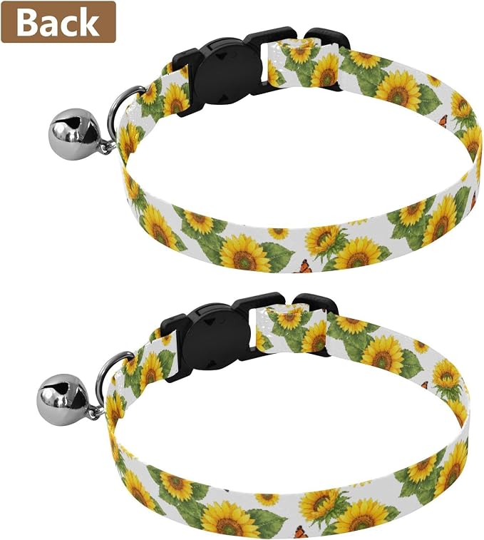 Sunflower Butterfly Leaves White Soft Cat Collar, 2 Pack Decorative Pet Collar with Bell