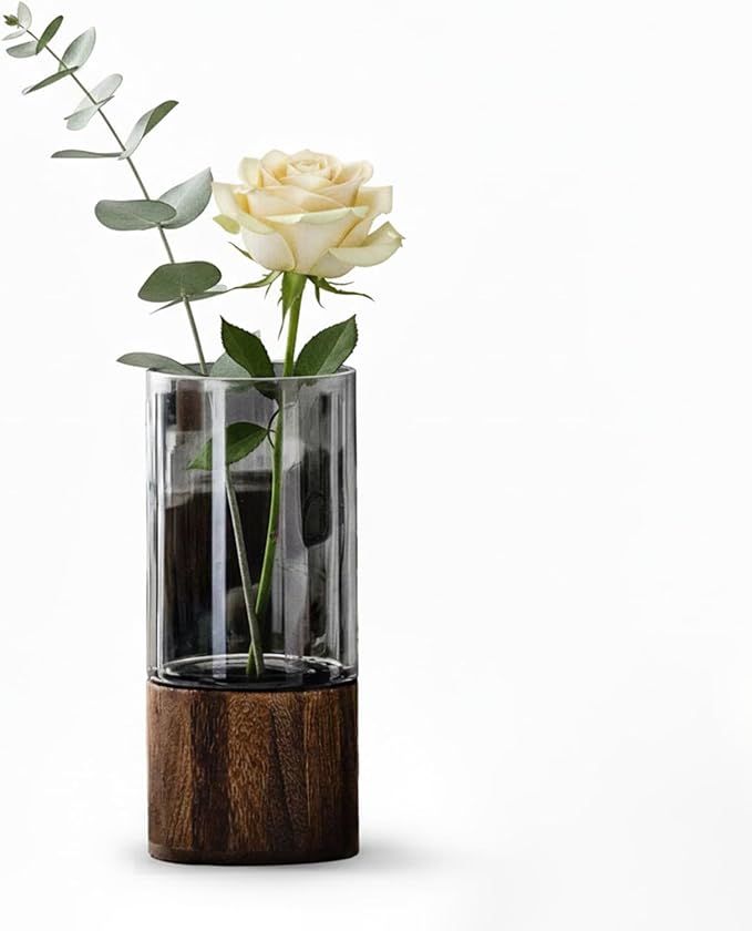 10" Wood Glass Vase | Wooden Base, Cylindrical, Flower Vase