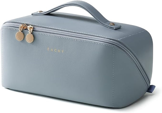 EACHY Travel Makeup Bag, Large Capacity Cosmetic Bag for Women, Waterproof PU Leather, Flat Open Portable Toiletry Bag for Skincare, Brushes & Travel Essentials