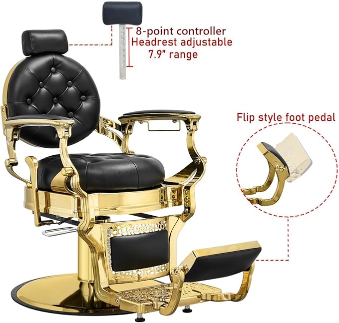 Kaleurrier Hair Styling Chair Reclining: Men’s Barber Chairs for Barber Station - Heavy Duty Salon Chair with Footrest for Hair Stylist Wide Seat Gold and Black